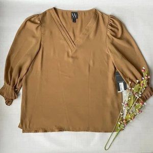 NWT Worthington Women's Mustard Yellow/Gold/Brown Blouse Top Size Petite Small